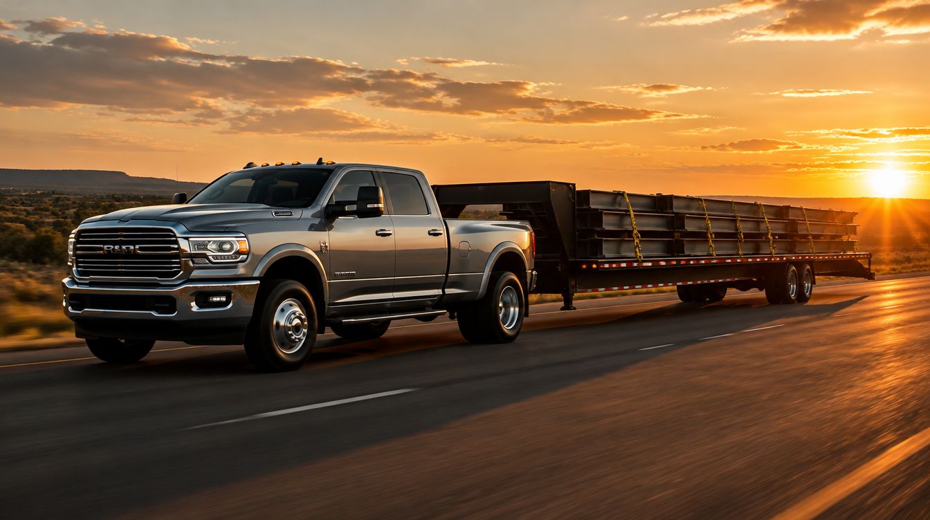 RAM with a 40 ft gooseneck flatbed on a Texas highway